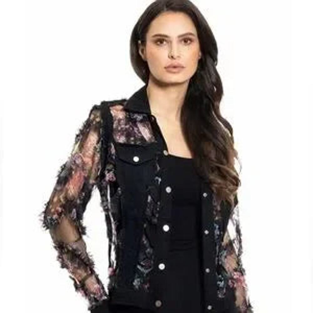 Black Denim and Lace Embroidered Jacket - Picture 2 of 7